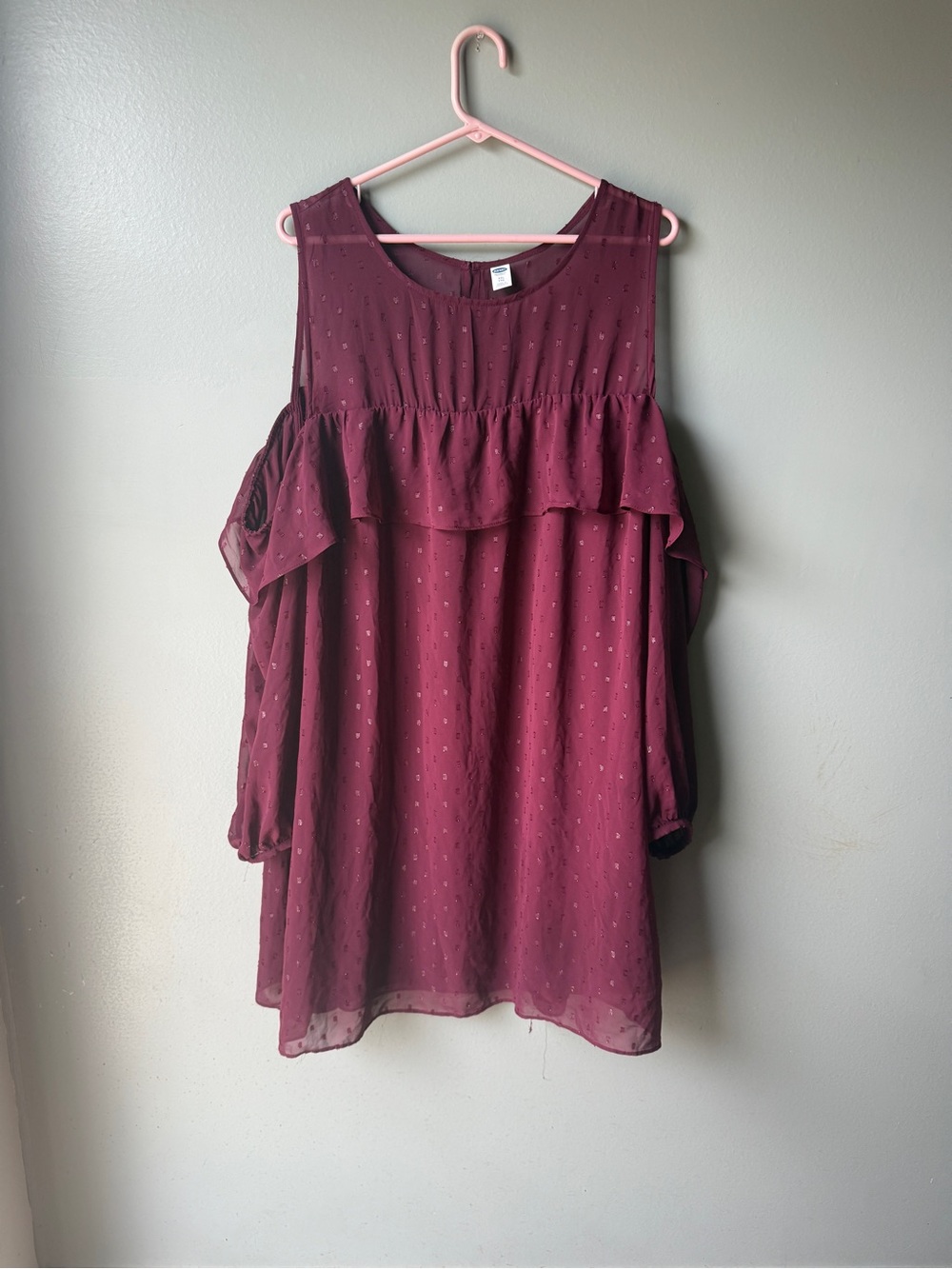 Burgundy Swiss Dot Cold Shoulder Ruffle Babydoll Dress Plus Size 2XL Boho